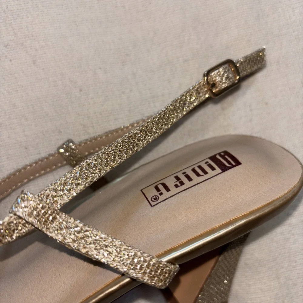 Gold Glitter Block Heel Strappy Sandals Open‎ Toe Ankle Strap  8.5 Formal